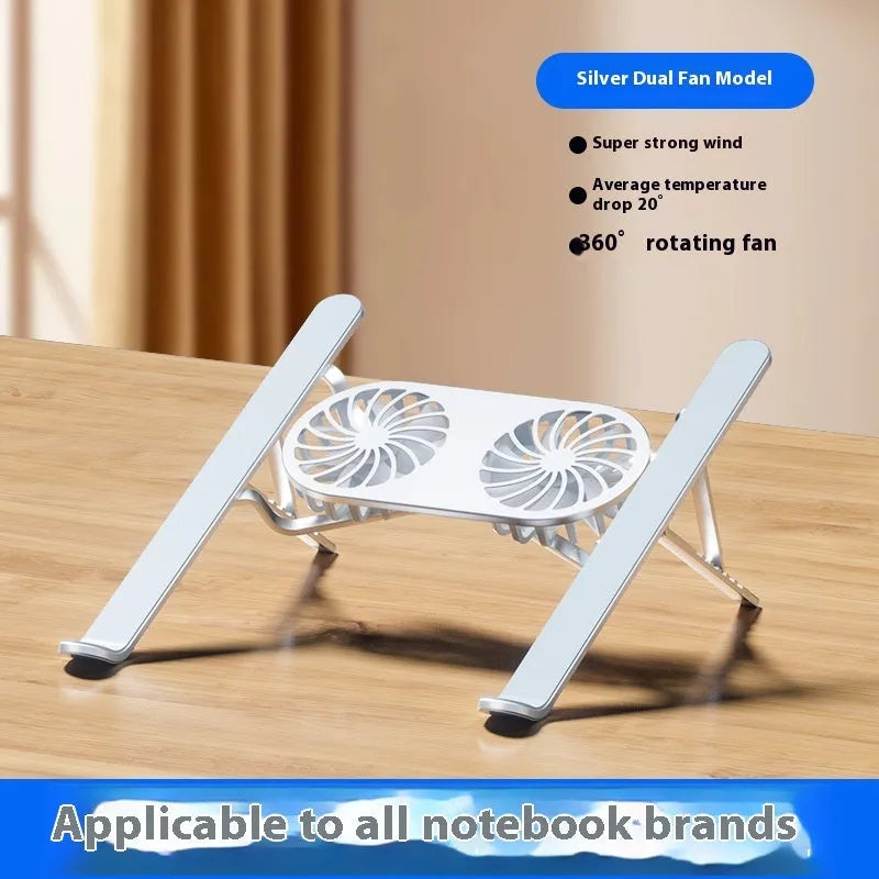 Silver aluminium laptop stand with twin blue LED cooling fans in a folded position next to its cloth carry bag.