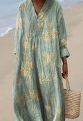 Casual long sleeve floral 3D printed shirt dress with a wide waist on a hanger.
