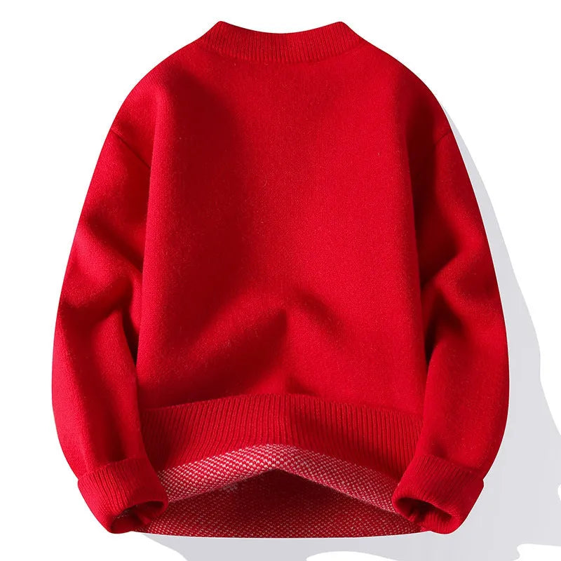 Men's loose-fit knitted pullover sweater with ribbed hem in grey, shown on a hanger.