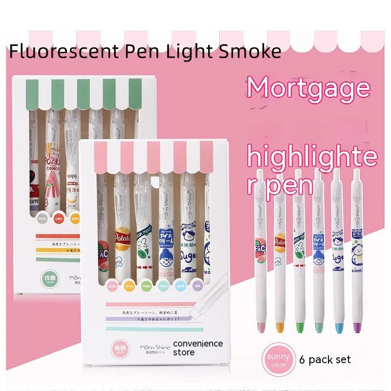 Fluorescent pen snacks 6 pack highlighter set with oblique head in plastic shell boxed packing