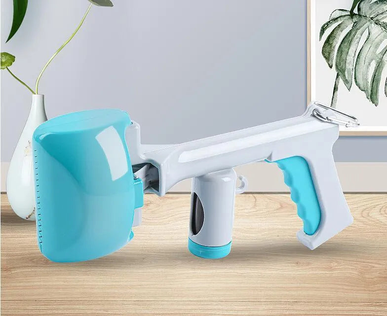 Blue plastic extended handle toilet clamp for pet waste pickup on a white background
