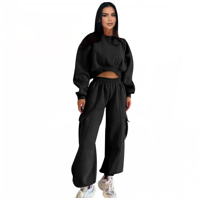 Women's two-piece sweatshirt and sweatpants set with pockets, high waist, loose fit, available in five colours