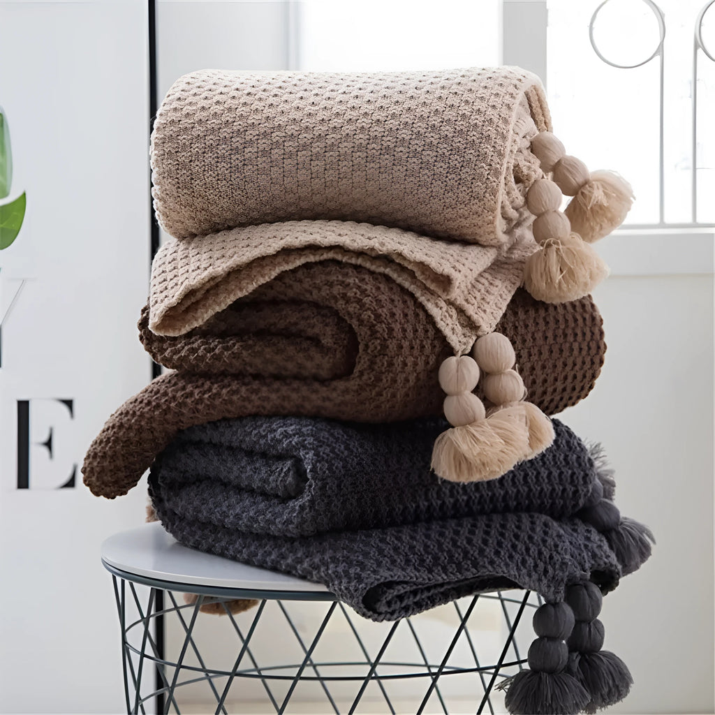 Acrylic fringed knit ball blanket in 130×170cm size showing plain pattern and fringe detail