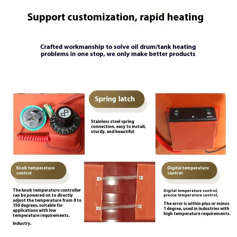 Silicone rubber heating belt wrapped around a 200-litre industrial oil drum.