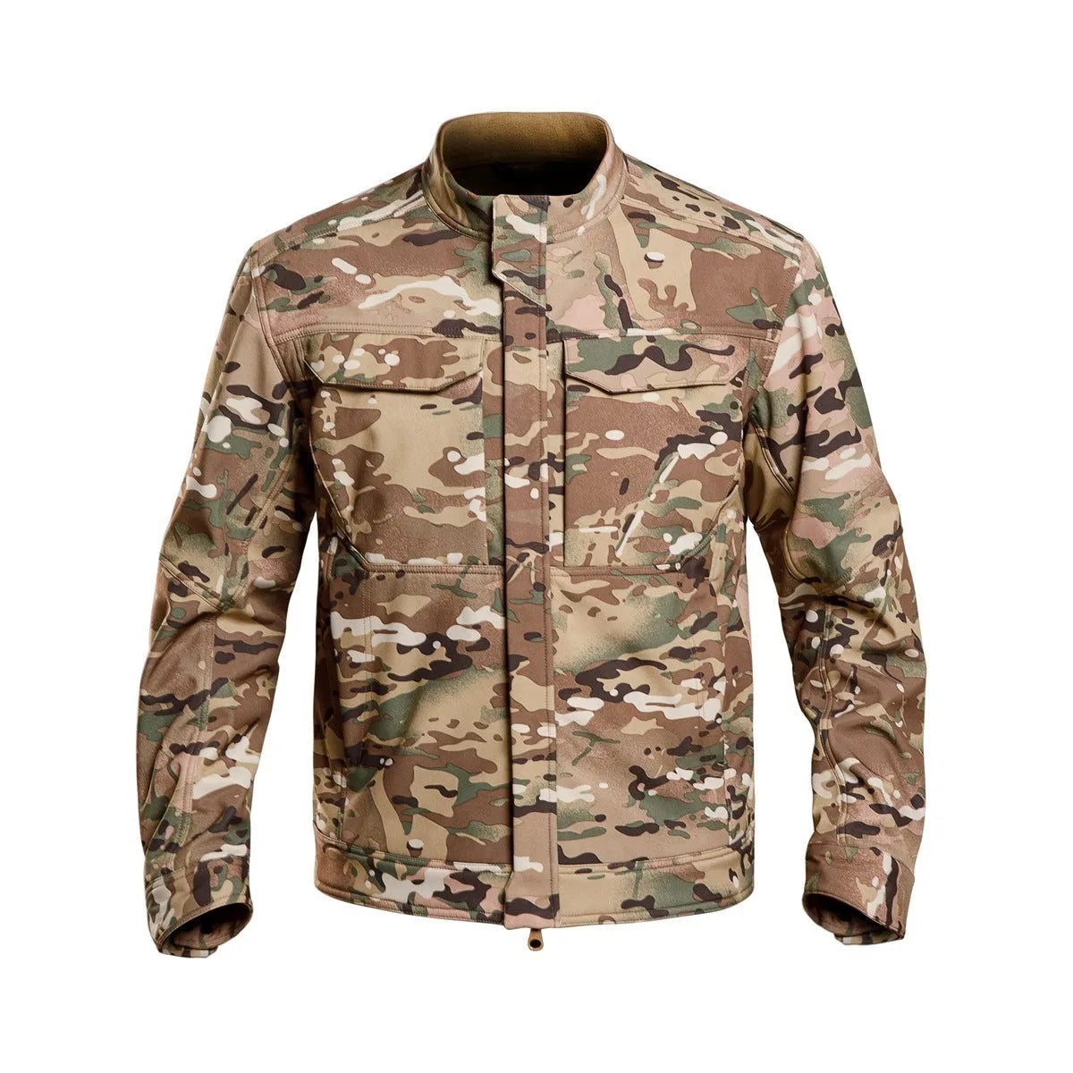 A black soft shell jacket for mountaineering and camping, shown in a cardigan style.