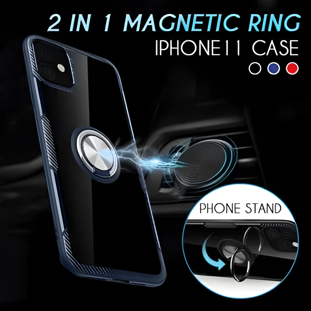 Black PU back cover case fitted on an iPhone 11 Pro Max, showing button and port access.