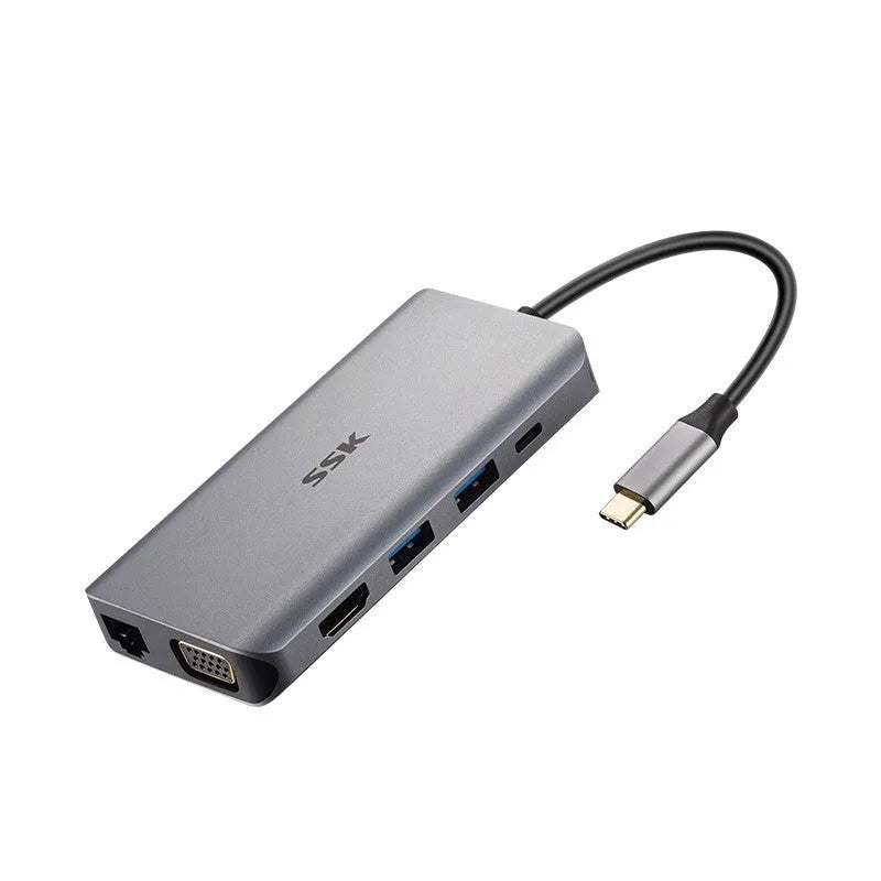 11-in-1 USB C hub adapter with HDMI VGA USB 3.0 Ethernet PD and card reader ports, metal casing