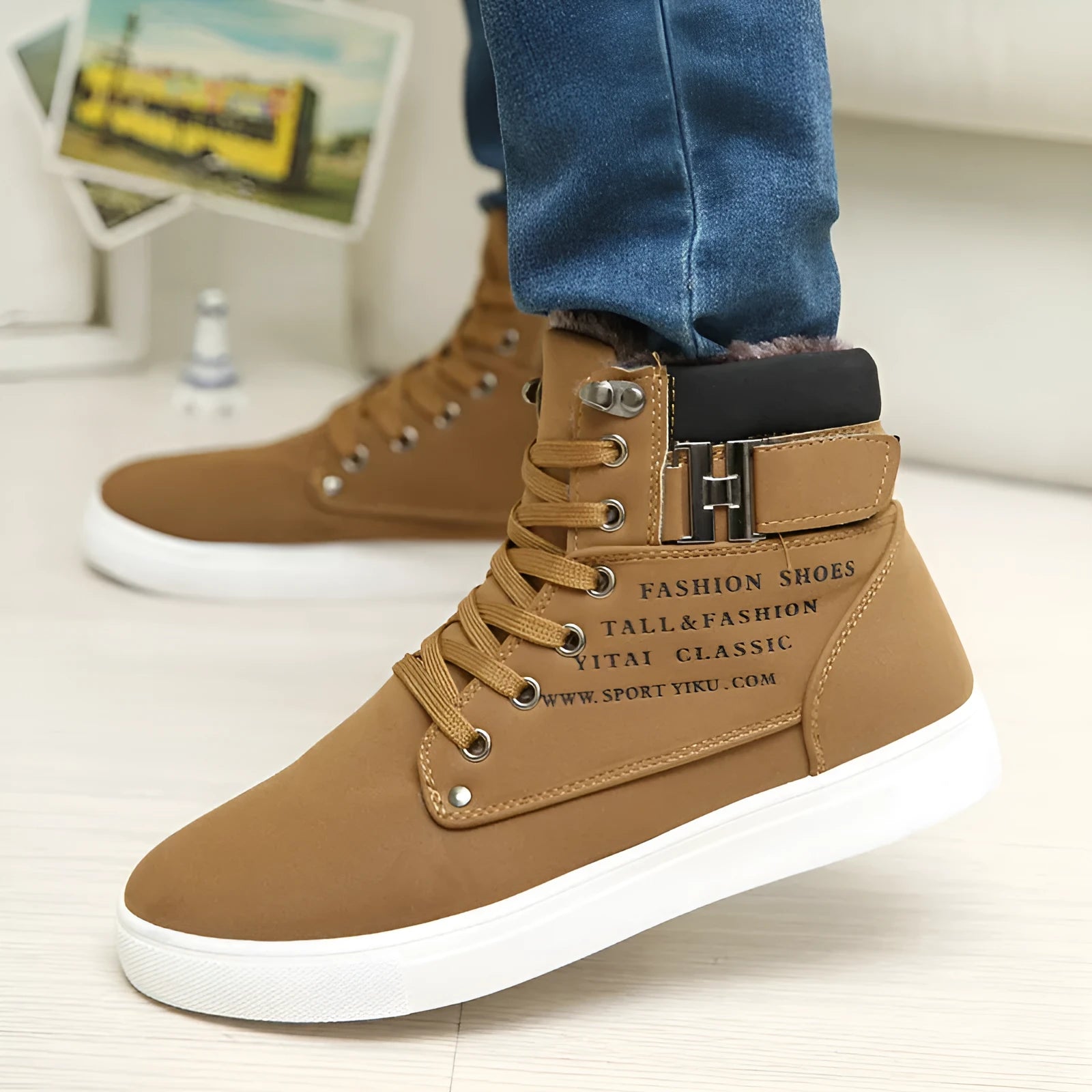 DEKABR men's high top canvas casual shoes in brown with fur lining and rubber outsole