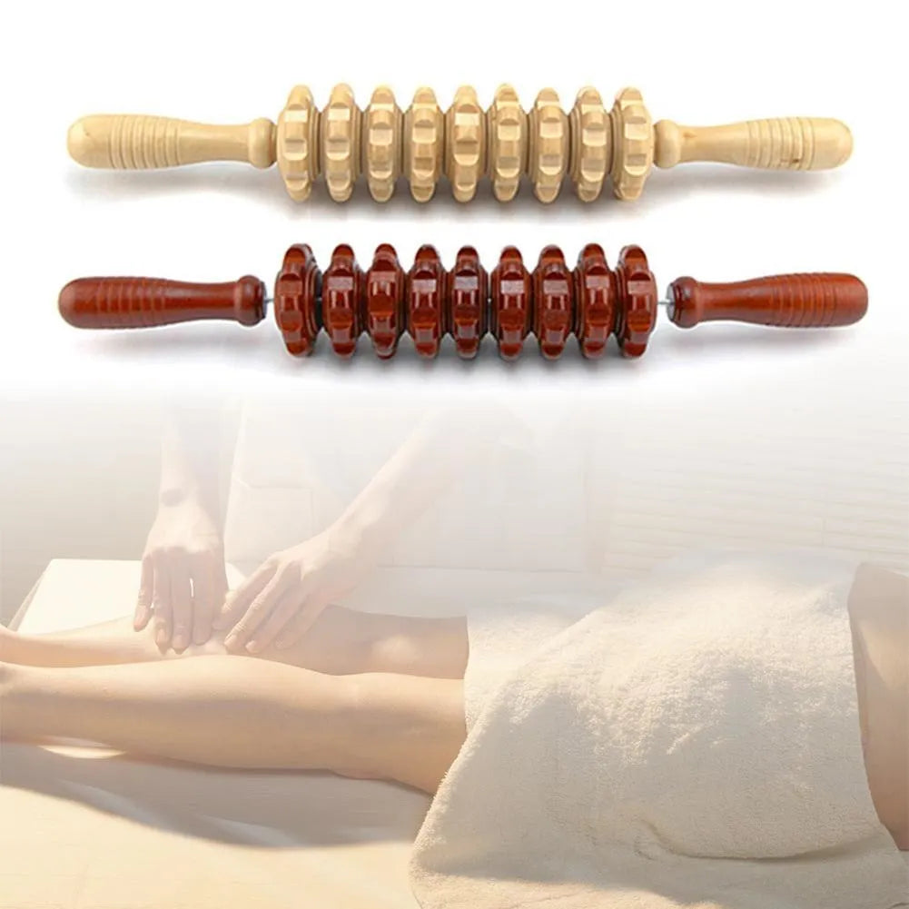 Wooden roller muscle massager stick 39 cm with steel shaft for full body use