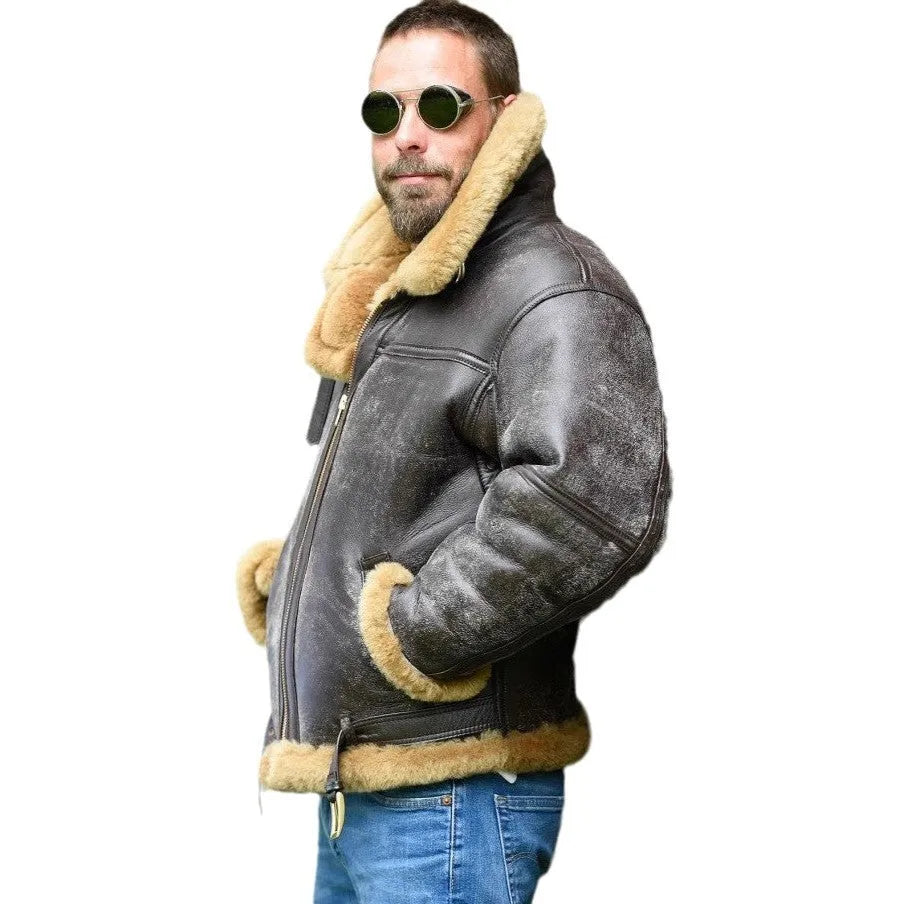 Men's brown synthetic leather fur coat with side pockets on a model
