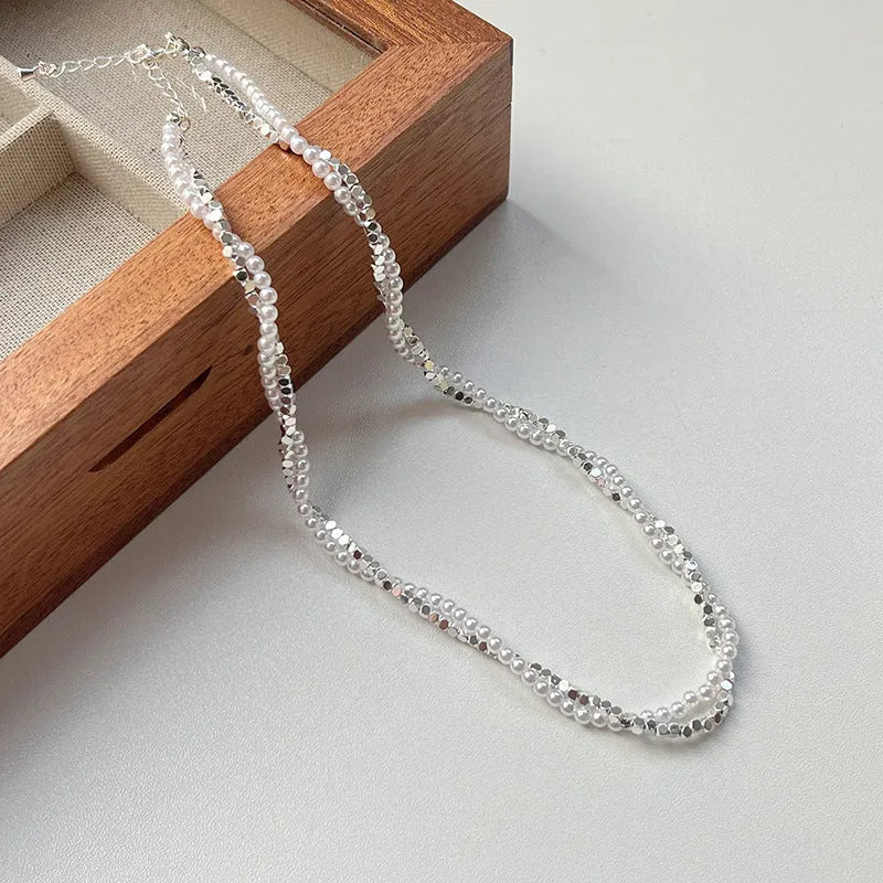 Double-layer winding small pieces silver pearl necklace for women fashion OL style with copper pearl chain