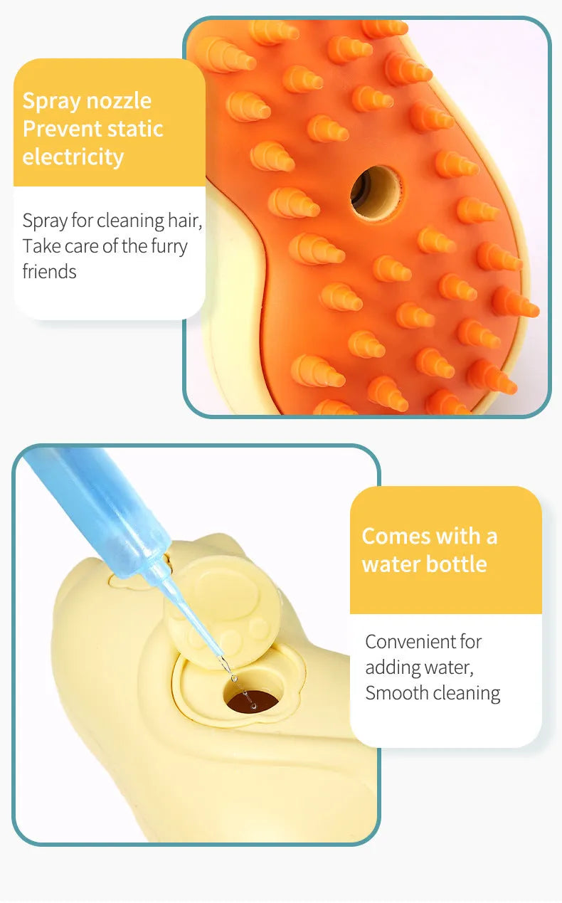 Yellow electric one-click disposable spray pet grooming brush for cats and dogs on white background