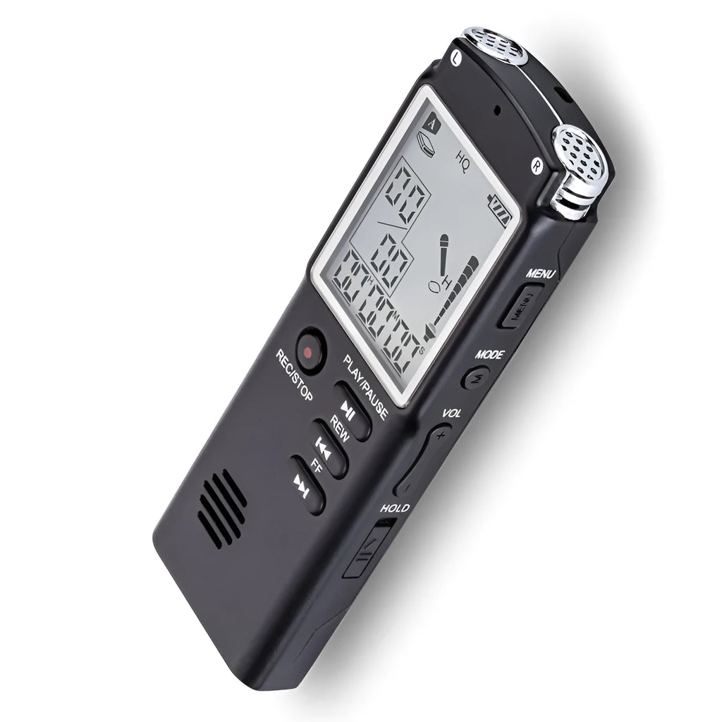 USB professional digital voice recorder with external microphone, compact black design.