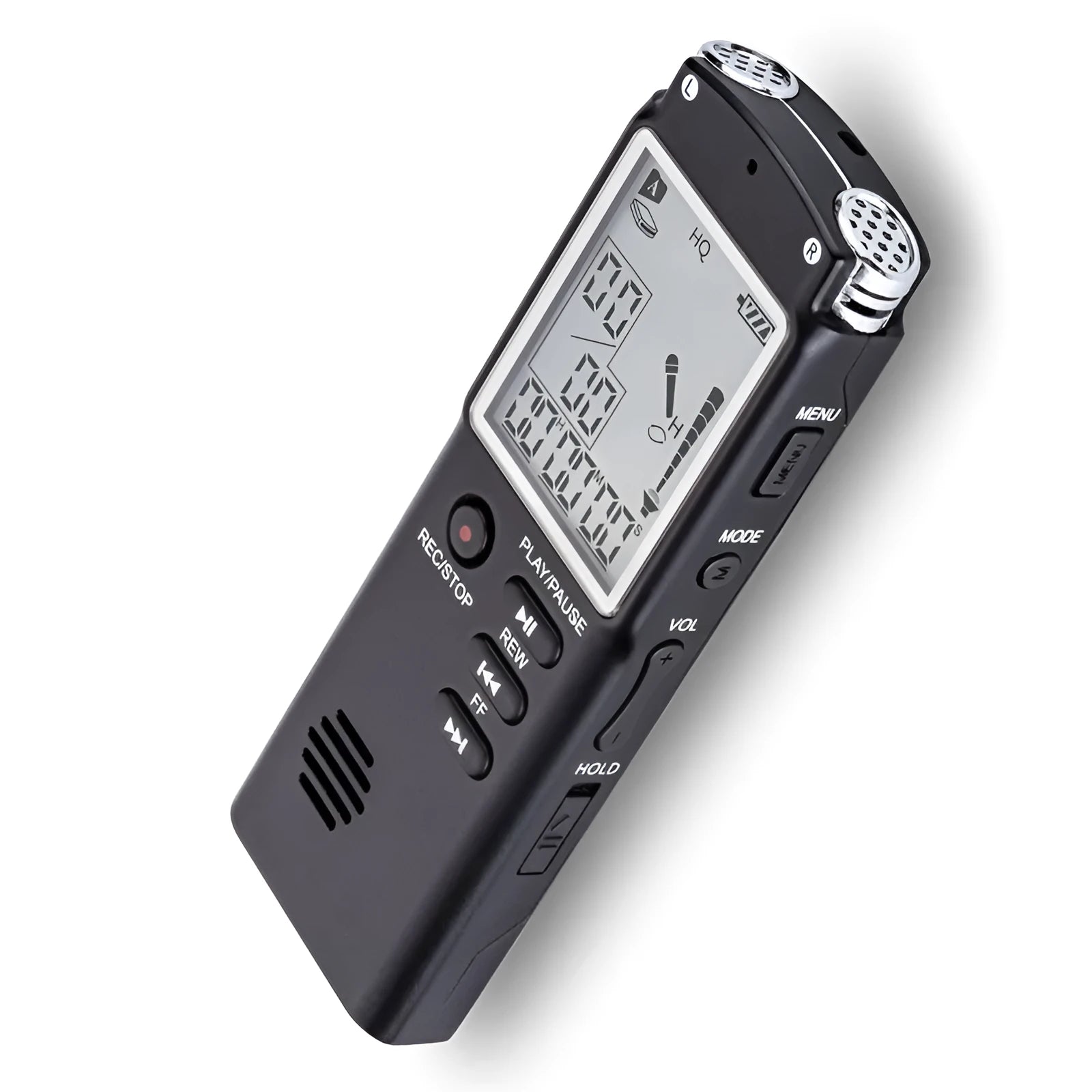 USB professional digital voice recorder with external microphone, compact black design.