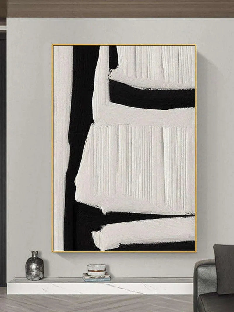 Large abstract handmade oil painting on canvas, black white beige textured wall art, vertical orientation, unframed