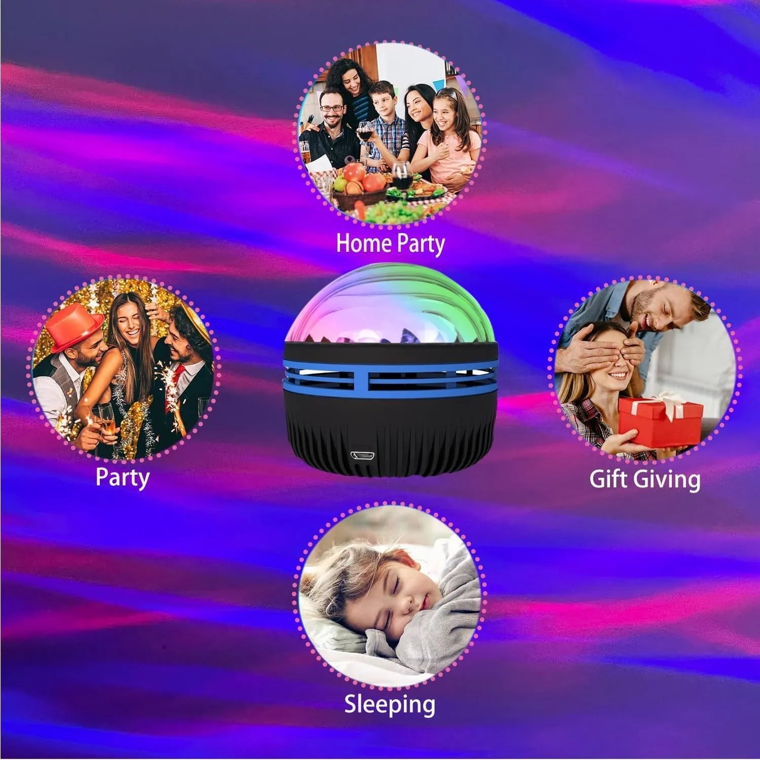 LED galaxy projector lamp with acrylic shade showing colourful rotating star patterns for bedroom or party use