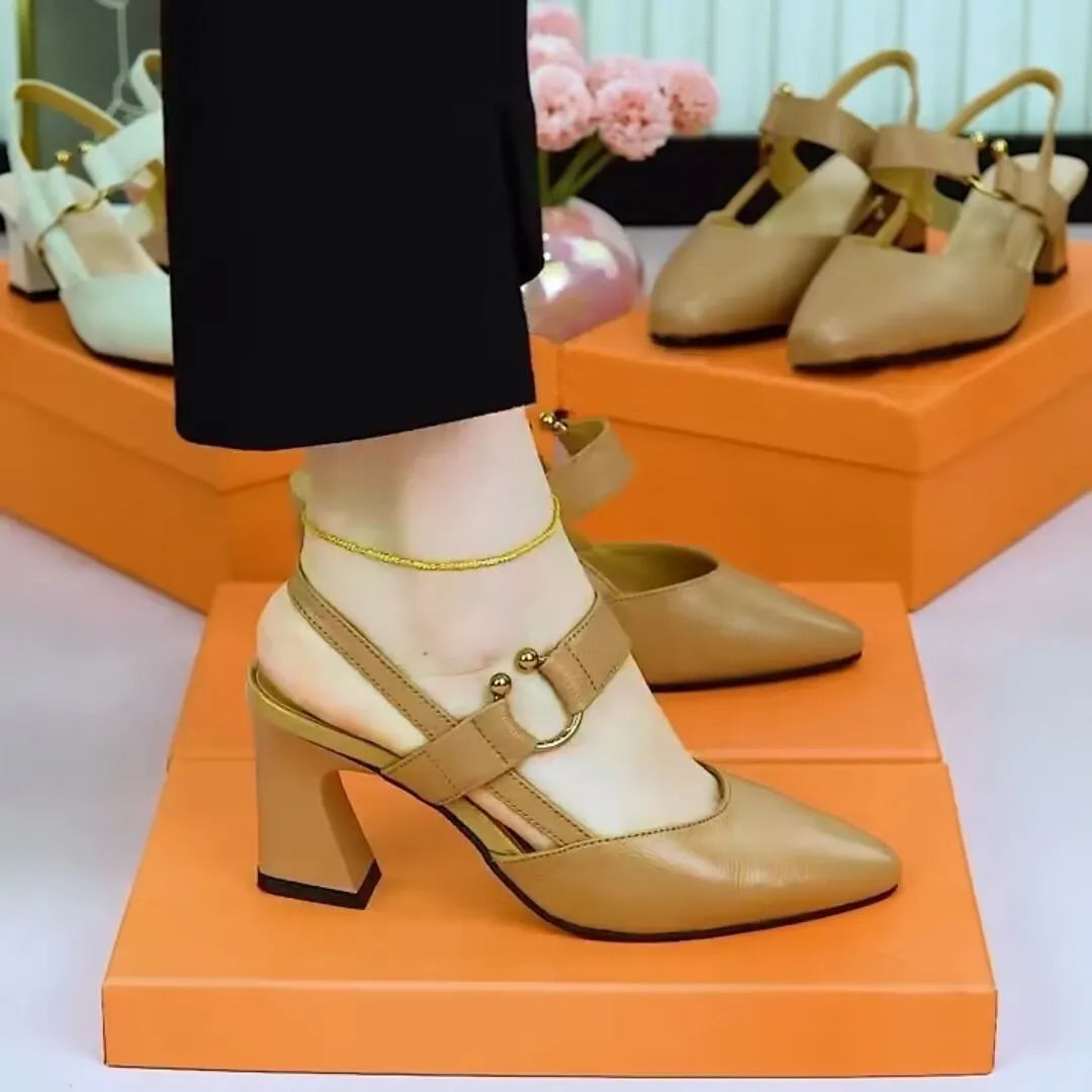 Women's closed toe back empty leather chunky heel sandals in apricot colour
