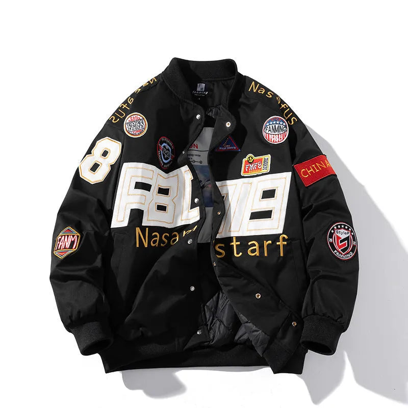 Black cotton-padded American motorcycle baseball jacket with a removable hood and side pockets.
