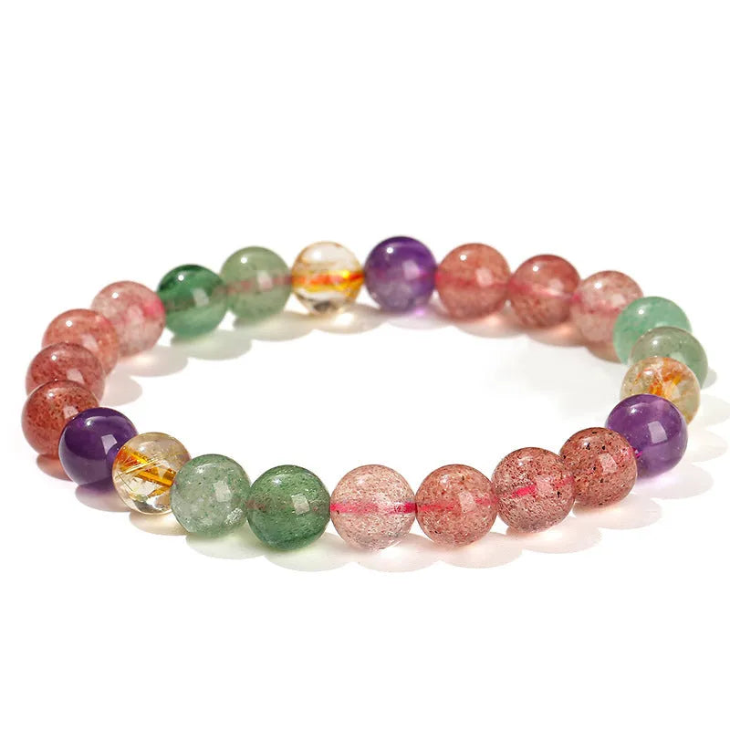 Natural strawberry quartz bracelet for women with round beads in about 7mm, 8mm, or 9mm and tourmaline colour style.