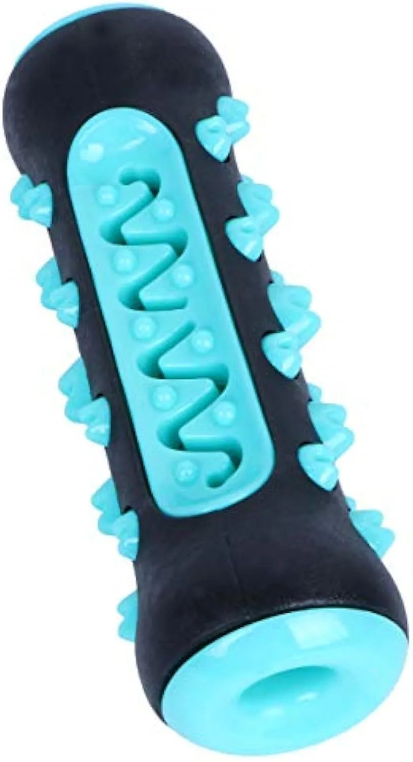Natural rubber dog dental chew toy in blue, green, yellow, and black blue colours.