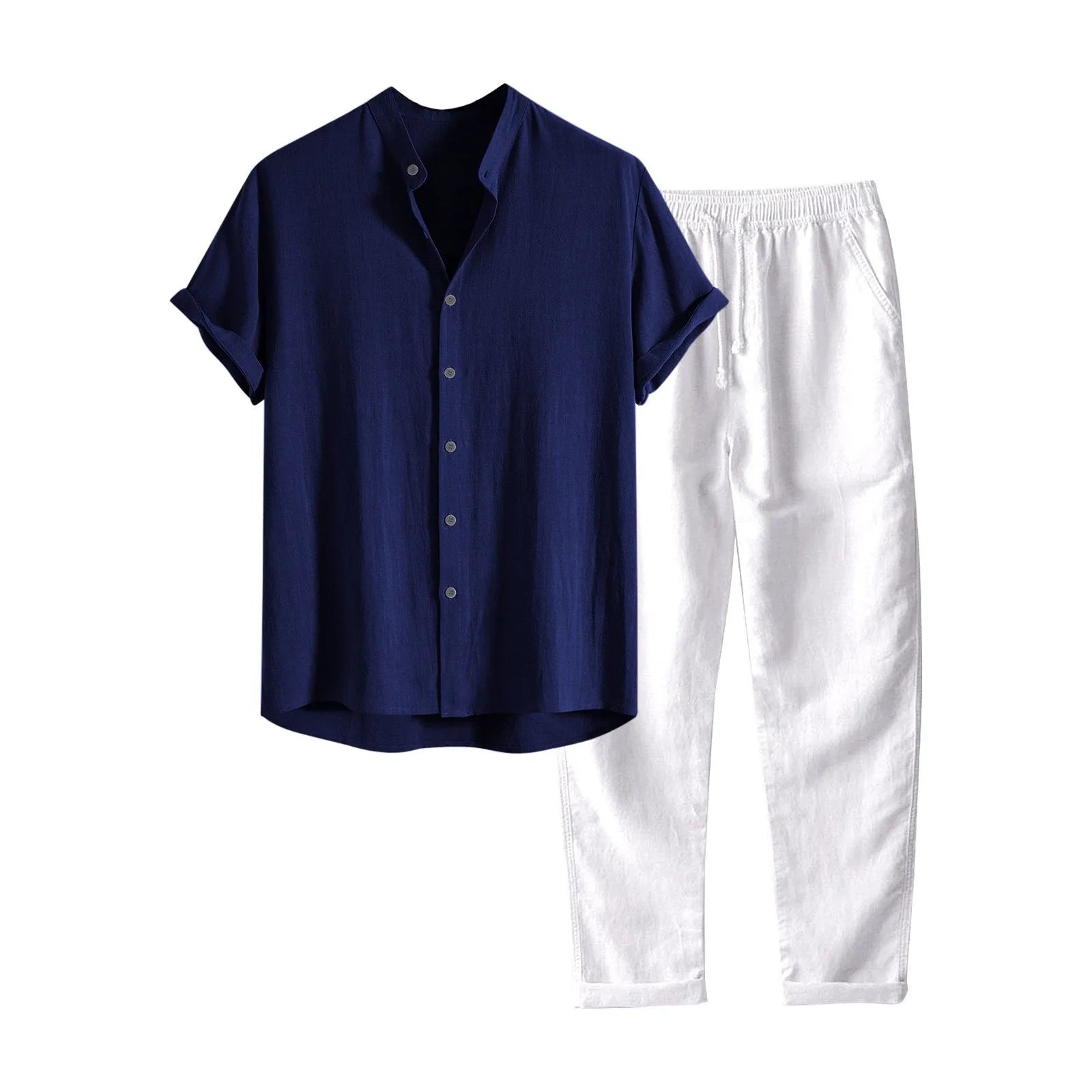 Men's loose-fit linen-look shirt and trousers casual suit set in a solid colour