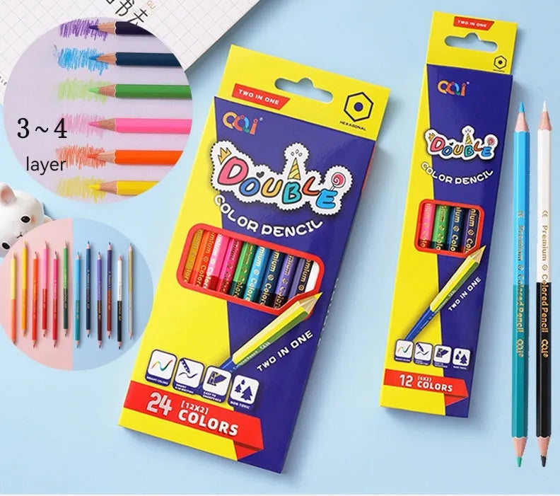 Set of double-ended wooden colour pencils showing two different coloured leads on each barrel.