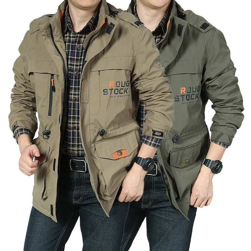 Men's waterproof nylon jacket with hood and stand collar in black, blue, green, khaki