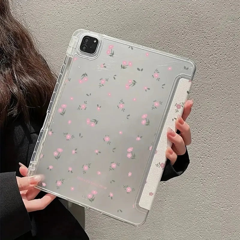 Transparent floral tri-fold iPad case with magnetic kickstand open in viewing position