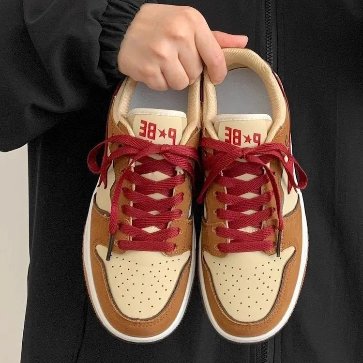 Brown women's platform sneakers with sequin decoration and lace-up front