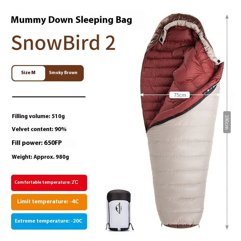 Snowbird goose down mummy sleeping bag in snowbird colour with storage bag.