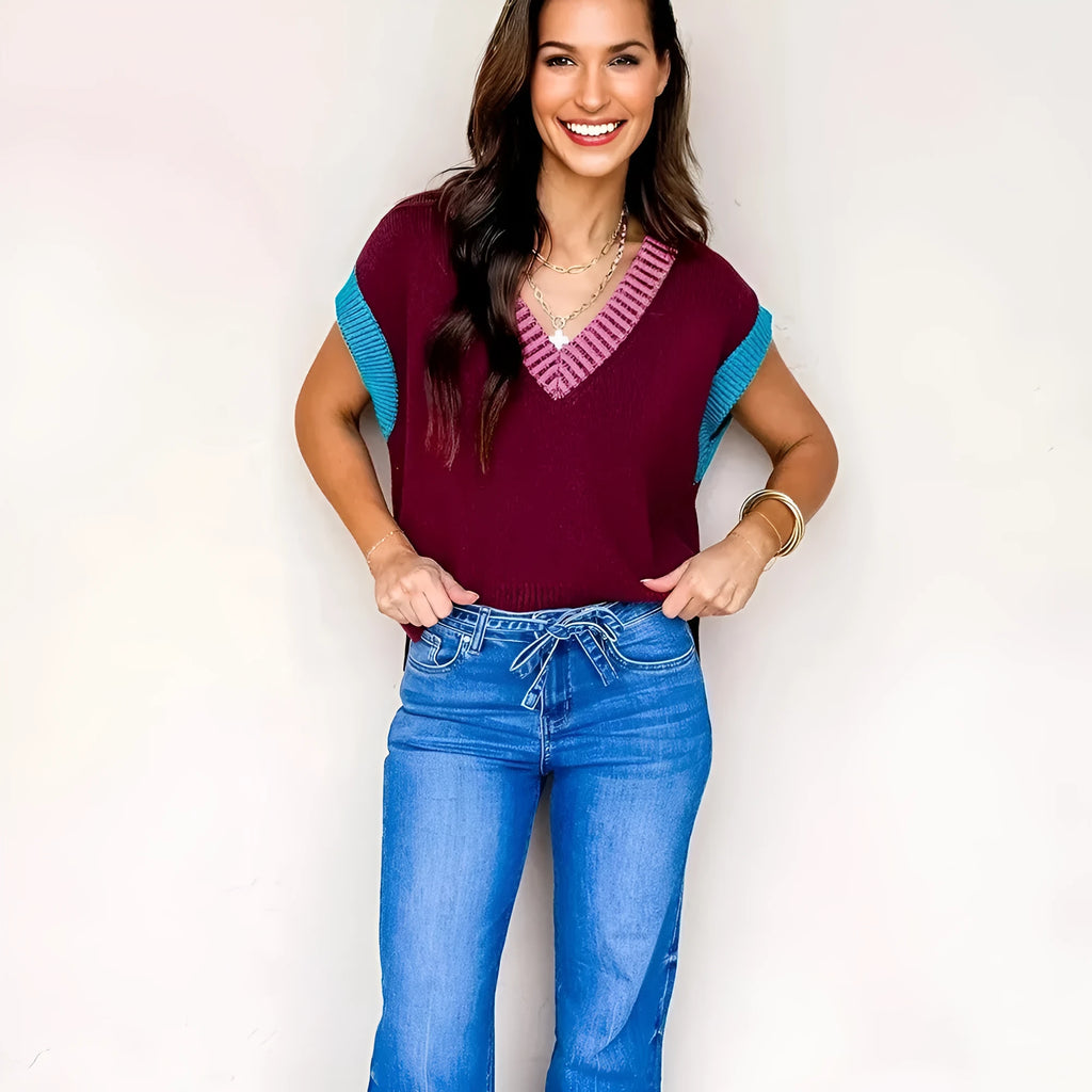 Burgundy women's V-neck short sleeve sweater with contrast trim cuffs and loose fit