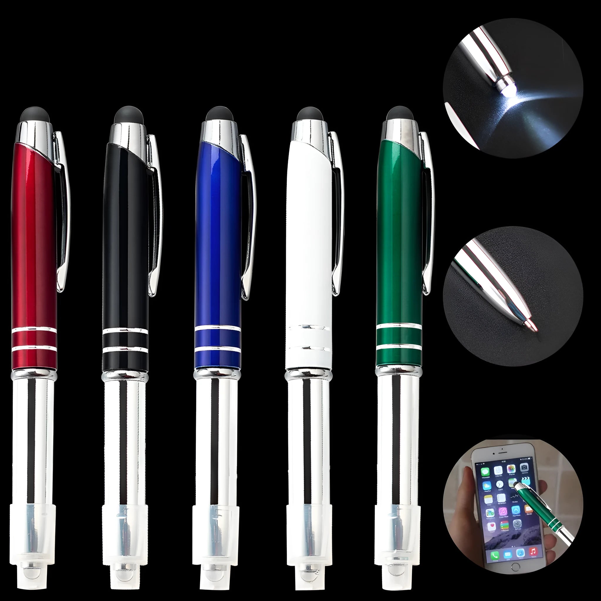 Red metal ballpoint pen with a capacitive stylus tip and built-in LED light on a desk.