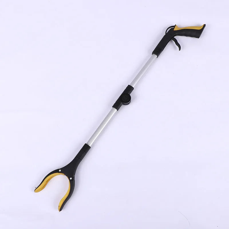 Folded aluminium garbage clamp with magnet sucker and blue handle, showing its compact 42cm storage size.
