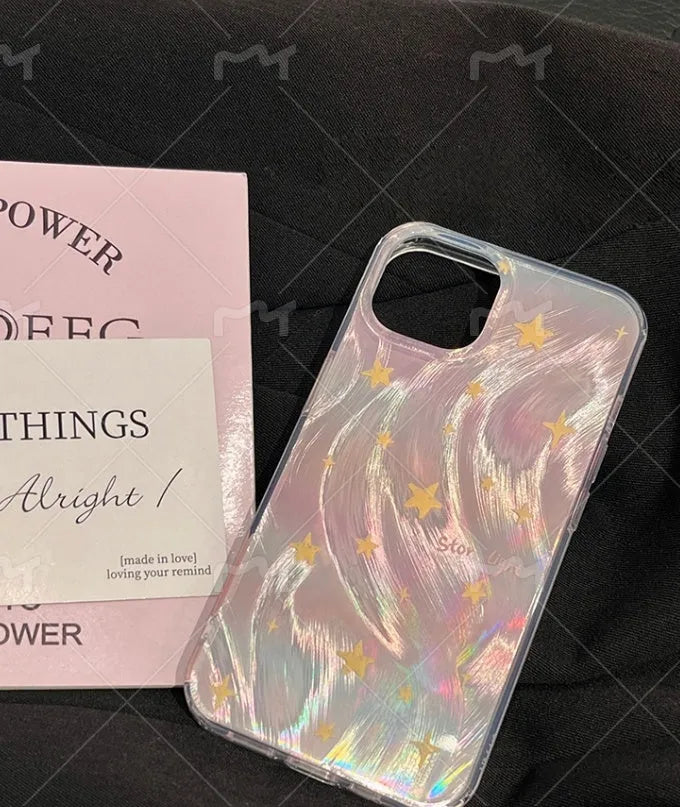 Ins laser gradient star full package hard case for iPhone 11, 12, and 12 Pro in blue tulip flowers or full stars design