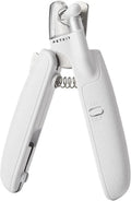 White pet nail clippers with LED light, transparent guard, triangular blades, and anti-slip handles for cat and dog grooming