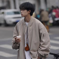 Men's loose pilot jacket in gray, cotton blend polyester, long sleeve, Korean style, spring autumn coat