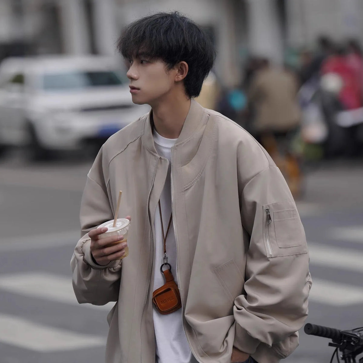 Men's loose pilot jacket in gray, cotton blend polyester, long sleeve, Korean style, spring autumn coat