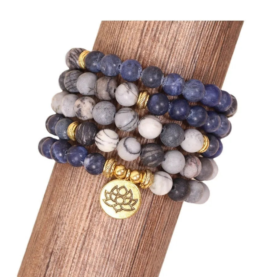 Blue patterned network stone bead multi-layer alloy bracelet natural style