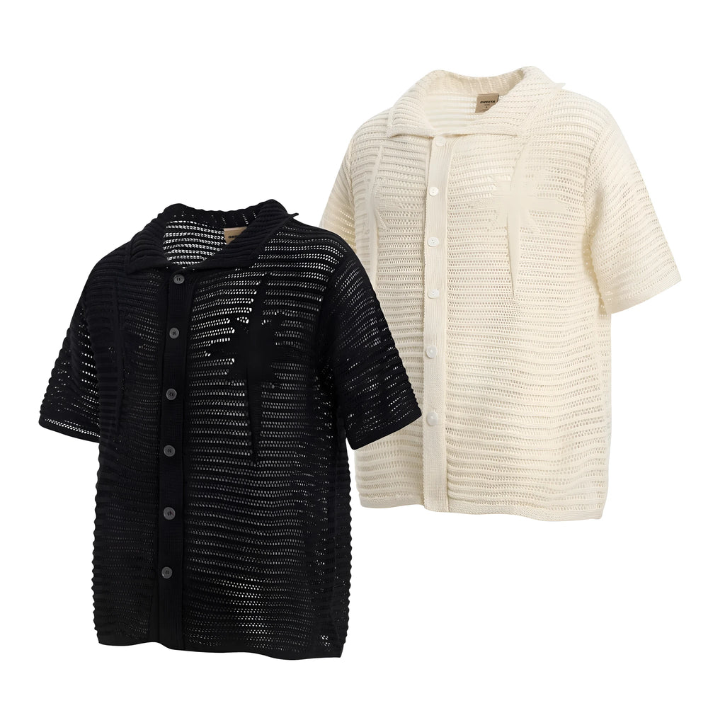 American retro loose design short sleeve cotton shirt in apricot and black colours