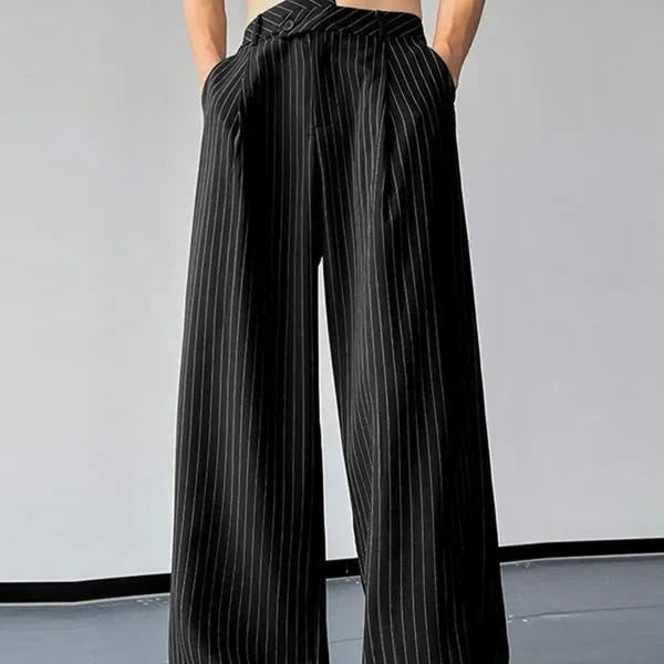 Black men's trousers with vertical stripes and front pleats on elastic bamboo fabric