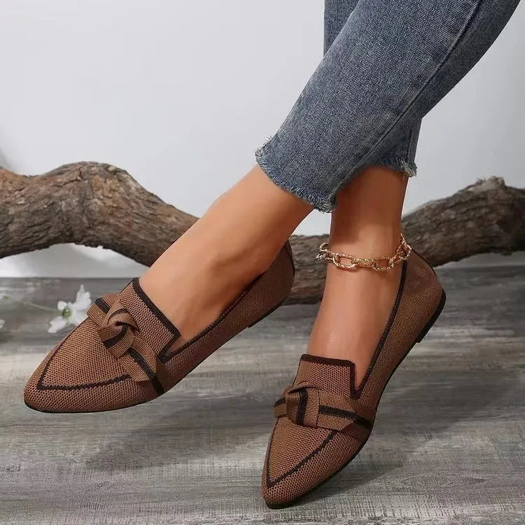 Women's pointed toe bow flat shoes in flyknit, slip-on design, available in five colours and sizes 36-43