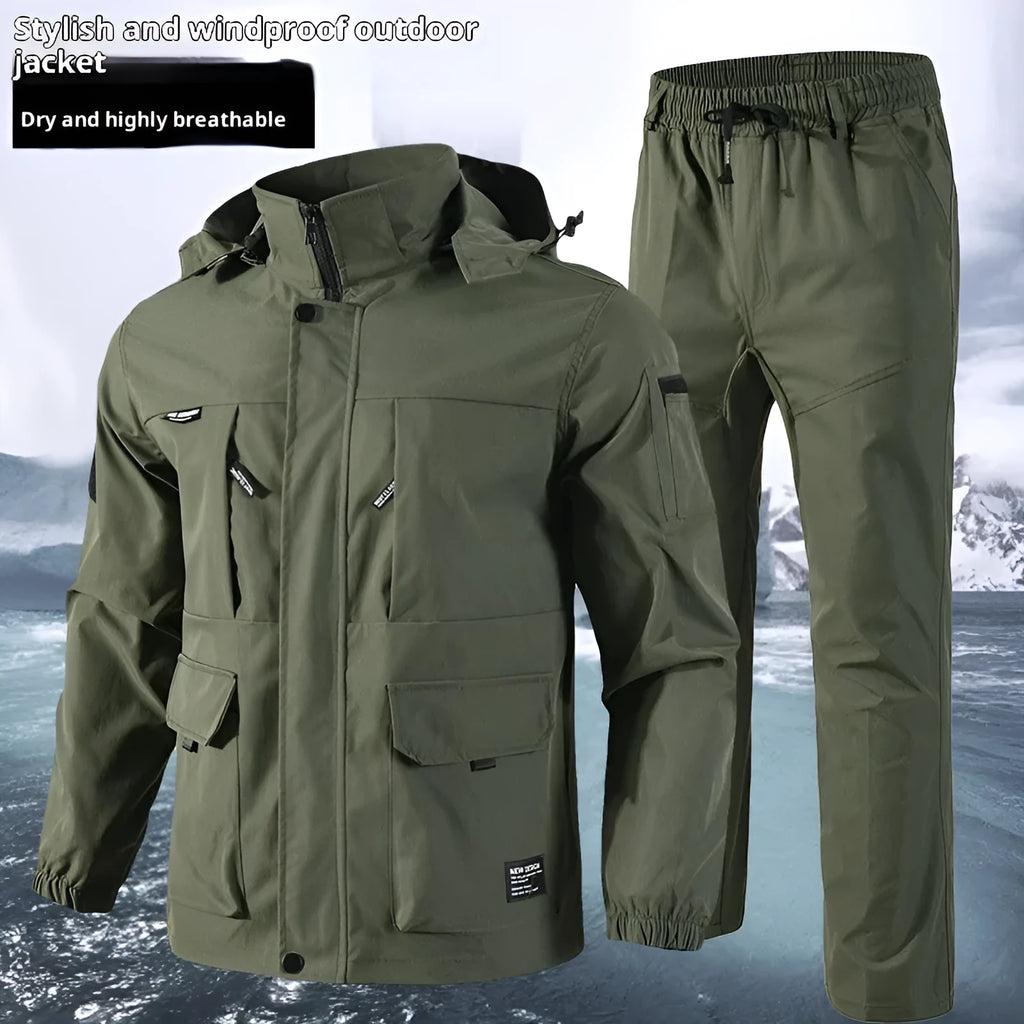Men's camouflage suit jacket and trousers set in green forest colour, synthetic fibre, long sleeves, Asian size.