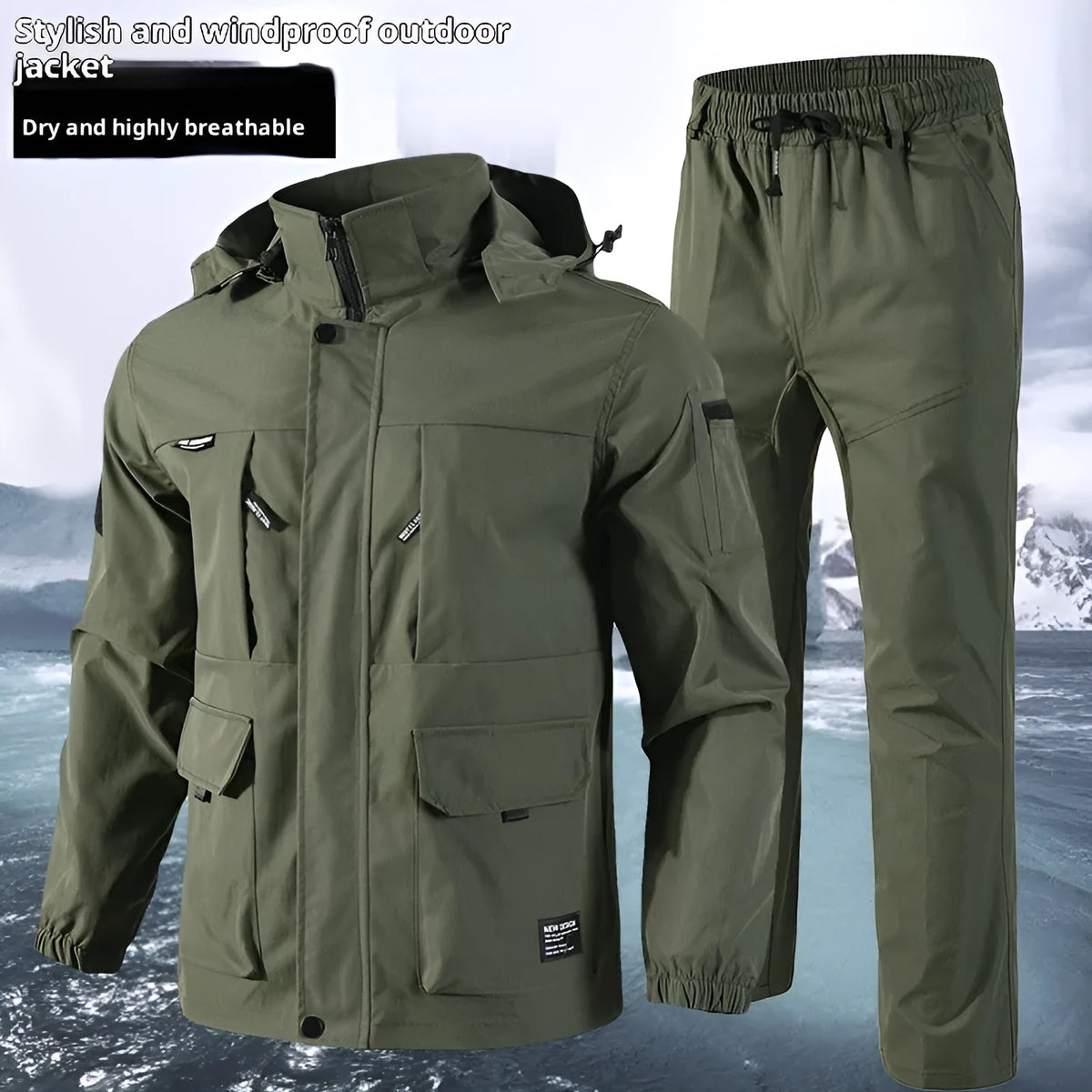 Men's camouflage suit jacket and trousers set in green forest colour, synthetic fibre, long sleeves, Asian size.
