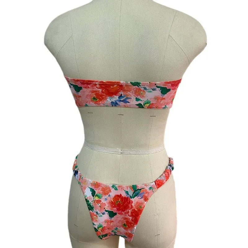 Women's floral printed bikini set with lace trim tube top and matching briefs