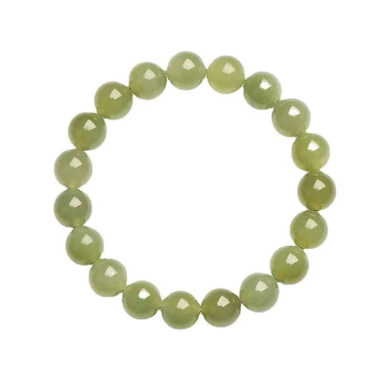 Polished Hetian jade bead bracelet in ice-like clear tones on a white background.