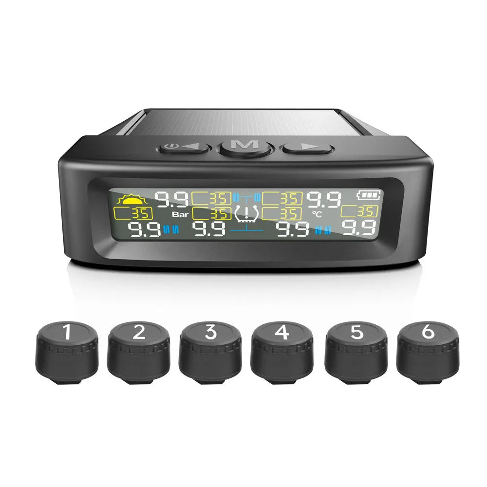 T12 six-wheel solar TPMS monitor with external sensors for RV and truck, 0-9.9 bar 0-144 psi, ABS PC housing.