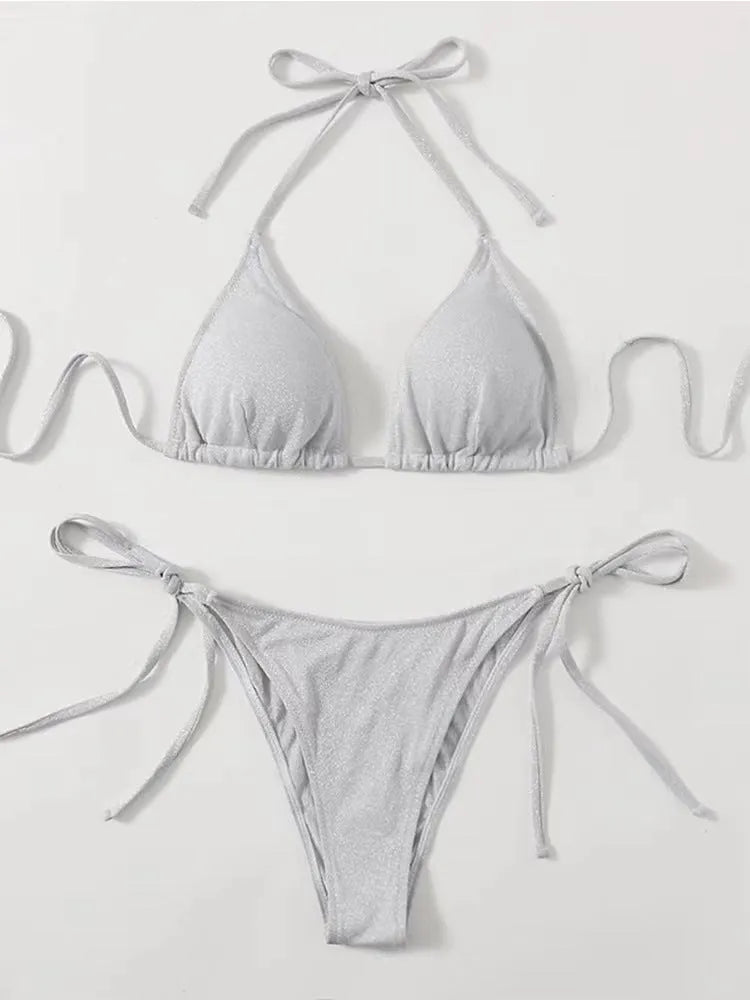 Women's bandage style bikini swimsuit set in polyester, shown in khaki gold colour.