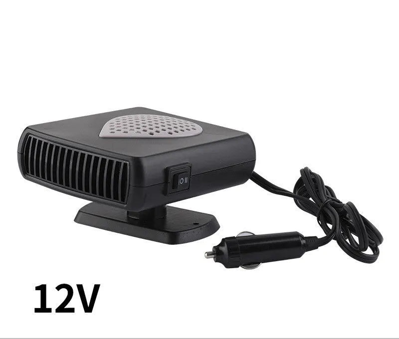 Car demister and defroster with quick-heat fan, 150W, 12V or 24V, black and red or black and grey.