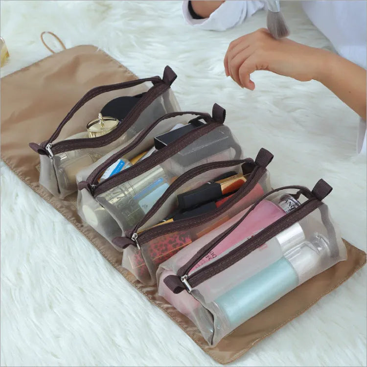 4pcs foldable cosmetic travel bag set in assorted colours made from polyester with zipper pockets