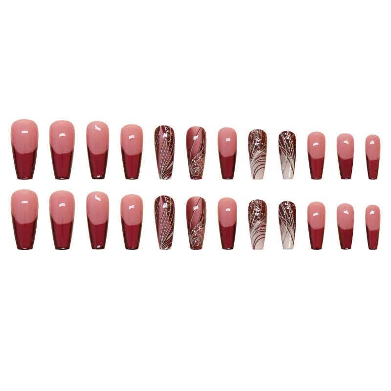 French line pattern fake nails with adhesive in 24-piece set